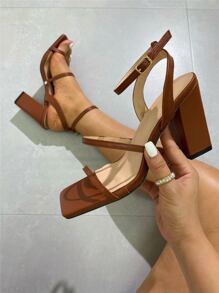 Minimalist Ankle Strap Chunky Heeled Sandals - Chocolate Brown - View 5