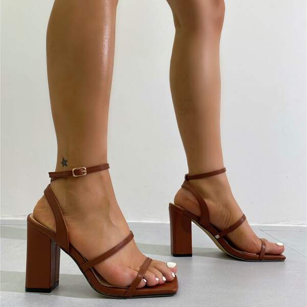 

Minimalist Ankle Strap Chunky Heeled Sandals, Chocolate brown