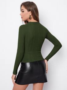 SHEIN Privé Áo thun nữ Gân đan màu trơn Giải trí - xanh quân đội - Xem 2