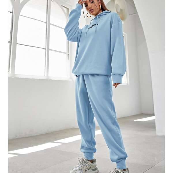 

Letter Embroidery Drop Shoulder Hoodie & Sweatpants, Baby blue