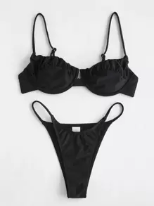 Swim Basics Conjunto de bikini fruncido Sujetador push up y bottom de tanga Traje de baño de 2 piezas