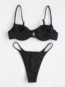 Swim Basics Conjunto de bikini fruncido Sujetador push up y bottom de tanga Traje de baño de 2 piezas