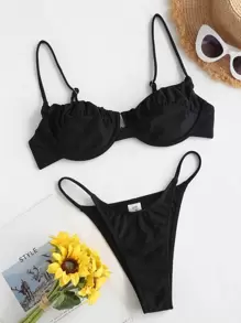 Swim Basics Conjunto de bikini fruncido Sujetador push up y bottom de tanga Traje de baño de 2 piezas