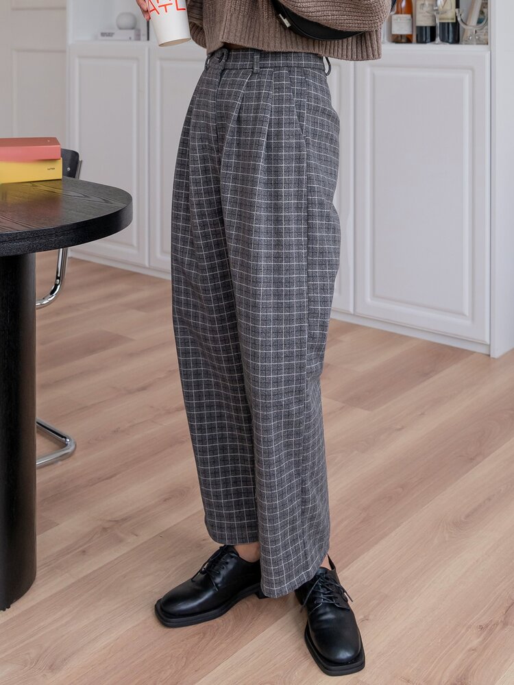 DAZY 高腰格紋褶皺面料細節粗花呢定制西褲 - 深灰色 - 查看 1