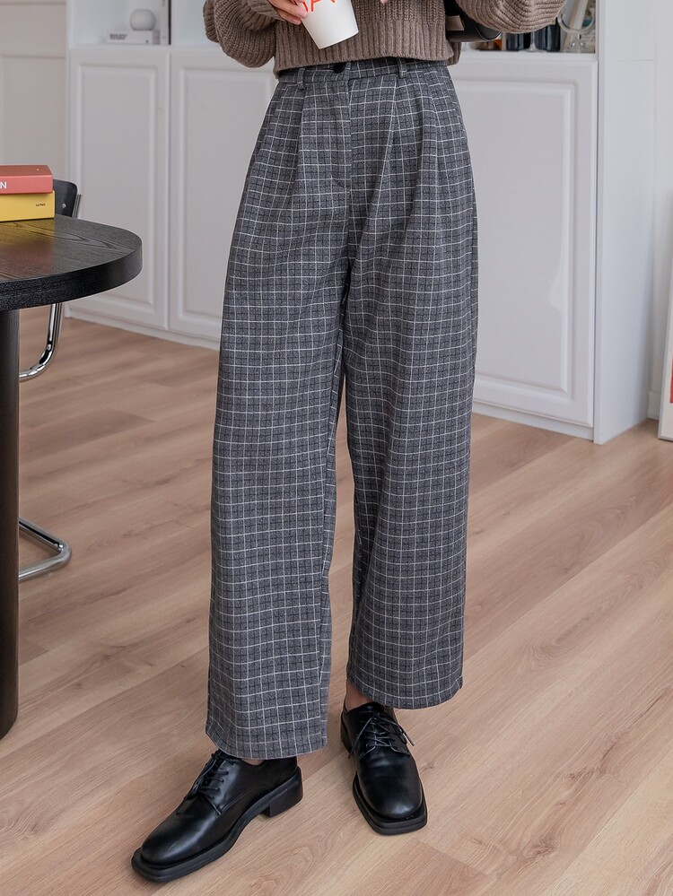 DAZY 高腰格紋褶皺面料細節粗花呢定制西褲 - 深灰色 - 查看 4