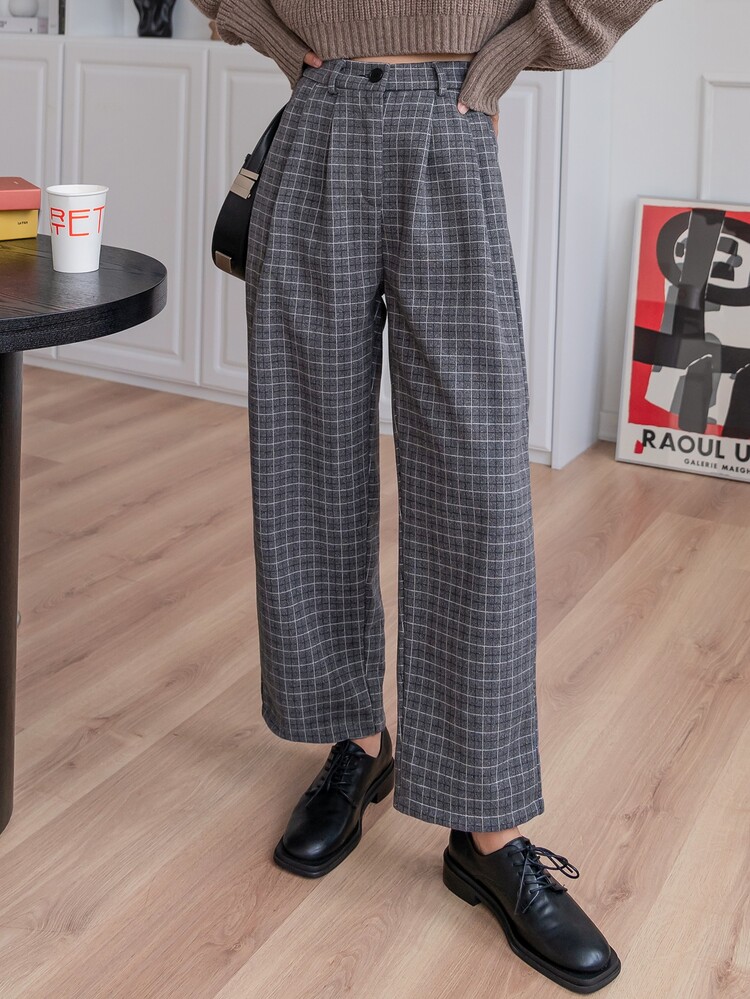 DAZY 高腰格紋褶皺面料細節粗花呢定制西褲 - 深灰色 - 查看 7