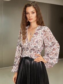 SHEIN Paisley Print Lantern Sleeve Shirred Frill Trim Blouse - Multicolor - View 1