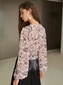 SHEIN Paisley Print Lantern Sleeve Shirred Frill Trim Blouse - Multicolor - View 2