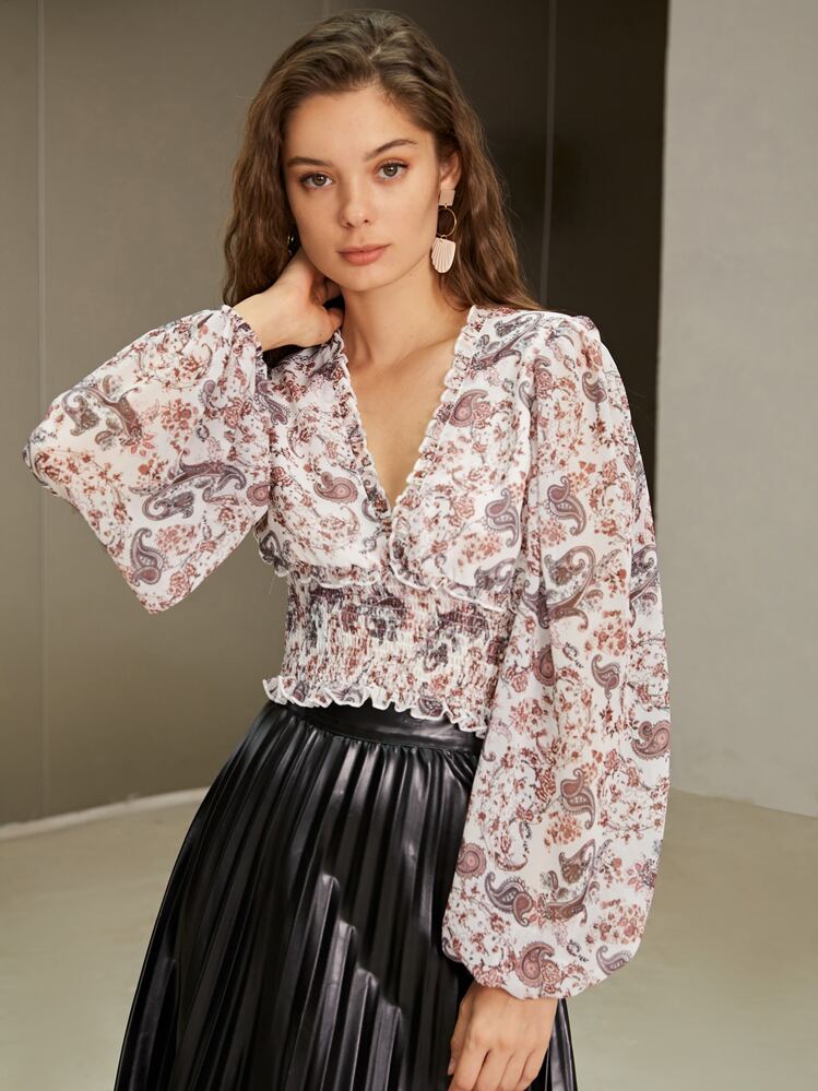 SHEIN 佩斯利印花燈籠袖打攬木耳邊邊襯衫 - 彩色 - 查看 3