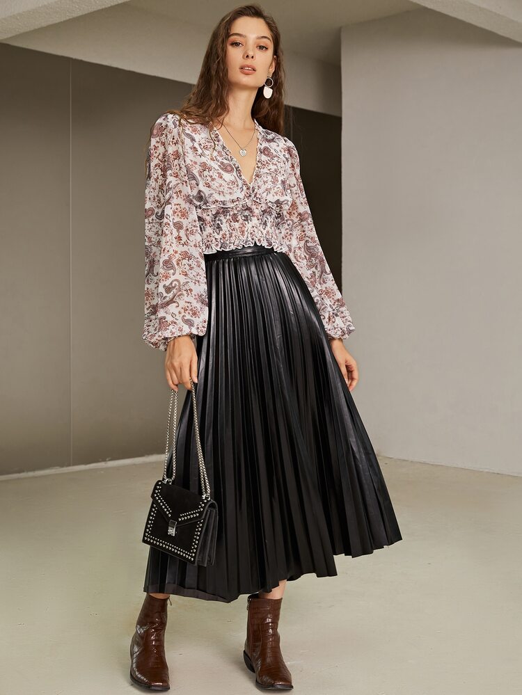 SHEIN 佩斯利印花燈籠袖打攬木耳邊邊襯衫 - 彩色 - 查看 5
