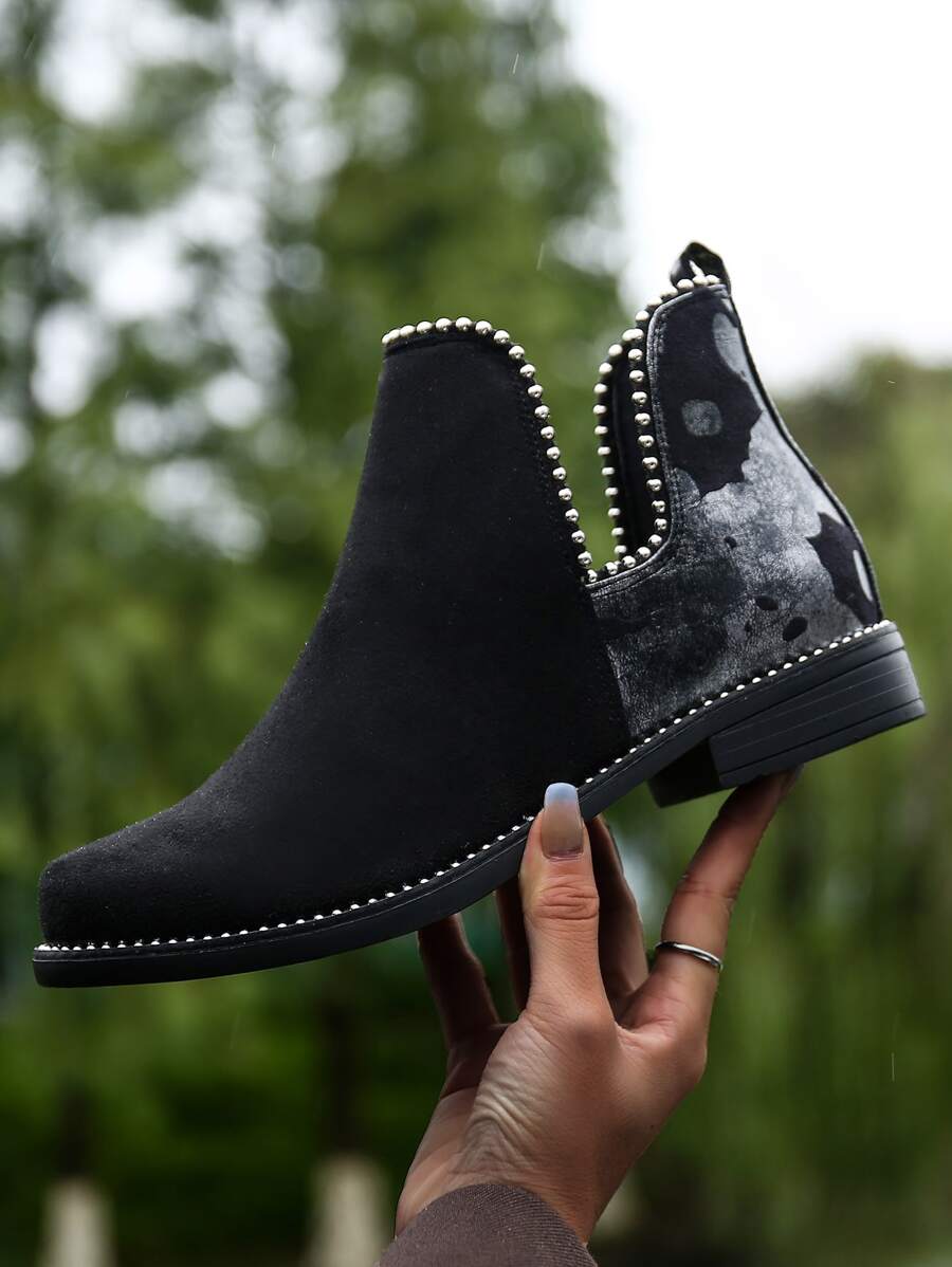 鉚釘裝飾一腳蹬踝靴 - 黑色 - 查看 1