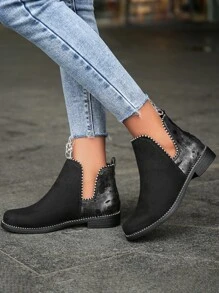 鉚釘裝飾一腳蹬踝靴 - 黑色 - 查看 2