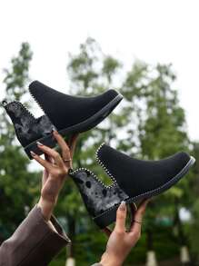 鉚釘裝飾一腳蹬踝靴 - 黑色 - 查看 4