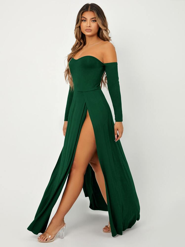 shein sxy off shoulder high split dress SHEIN Belle Women's Off Shoulder High Slit Trail Sexy Evening Dress Black  Elegant Long Sleeve Formal Prom Wedding Guest Gown, For Graduation, Dinner