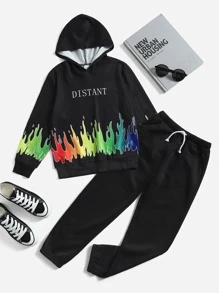 SHEIN 男孩字母和火圖案連帽衫和腰部抽繩衛褲 - 黑色 - 查看 1