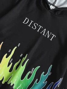 SHEIN 男孩字母和火圖案連帽衫和腰部抽繩衛褲 - 黑色 - 查看 4