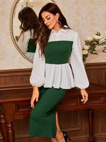 Modelyn Contrast Panel Lantern Sleeve Peplum Top & Split Back Skirt - Dark Green - View 1