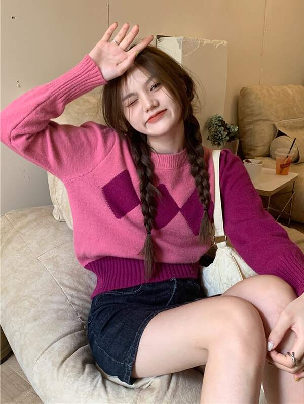 袖子撞色幾何圖案套頭衫毛衣