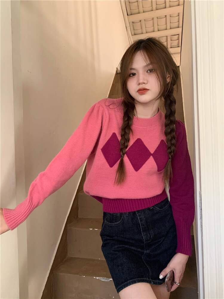 袖子撞色幾何圖案套頭衫毛衣 - 粉色 - 查看 3