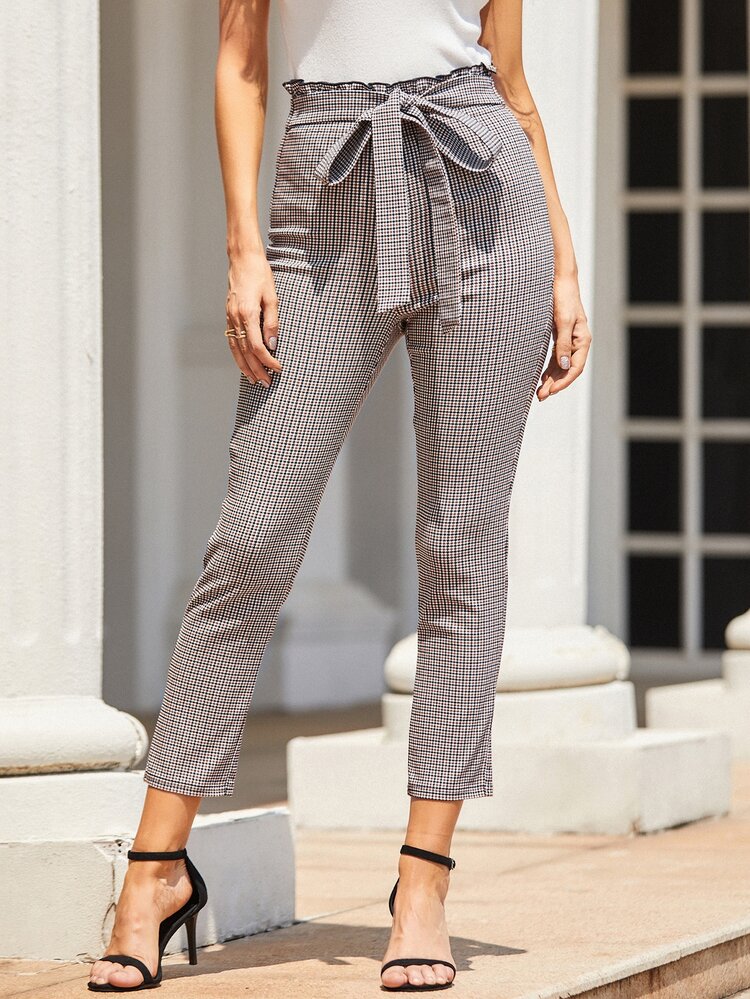 Pantalones de pata de gallo de cintura con volante con cordón delantero - Multicolor - Añade 4