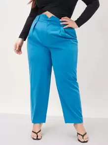 SHEIN Essnce Plus Wool-Mix Overlay Waist Tailored Pants Fall/Winter - Blue - View 3