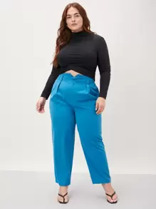 SHEIN Essnce Plus Wool-Mix Overlay Waist Tailored Pants Fall/Winter - Blue - View 4