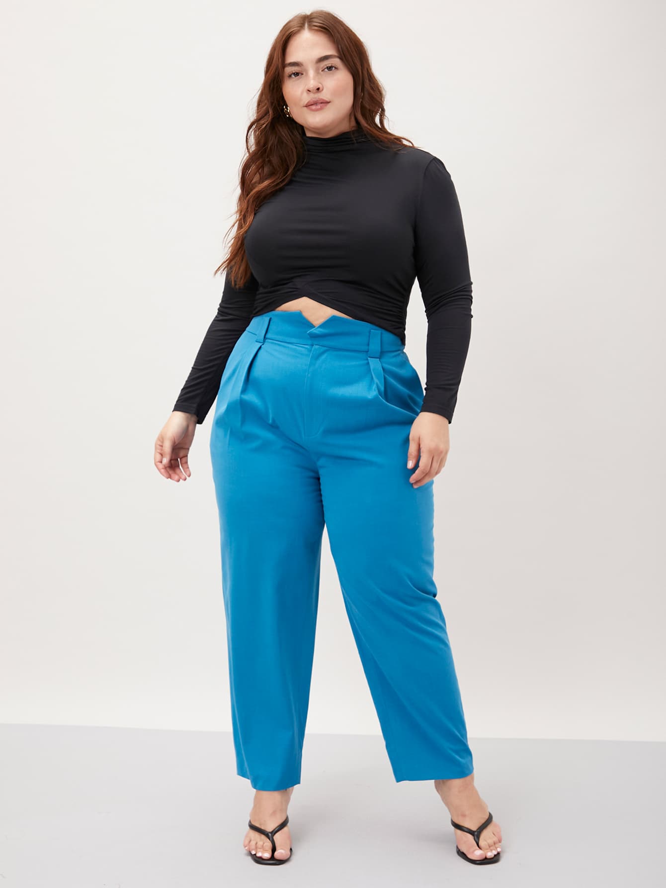 SHEIN Essnce Plus Wool-Mix Overlay Waist Tailored Pants Fall/Winter - Blue - View 4