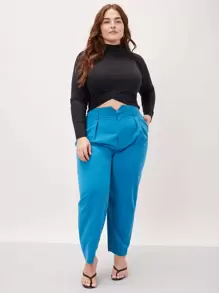 SHEIN Essnce Plus Wool-Mix Overlay Waist Tailored Pants Fall/Winter - Blue - View 5