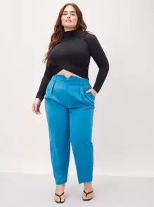 SHEIN Essnce Plus Wool-Mix Overlay Waist Tailored Pants Fall/Winter - Blue - View 6