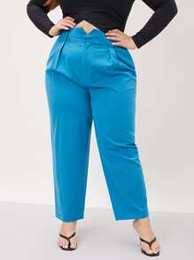 SHEIN Essnce Plus Wool-Mix Overlay Waist Tailored Pants Fall/Winter - Blue - View 7
