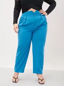 SHEIN Essnce Plus Wool-Mix Overlay Waist Tailored Pants Fall/Winter - Blue - View 8