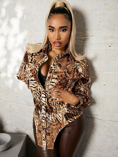 SHEIN SXY Leopard And Tiger Skin Print Asymmetrical Hem PU Leather Shirt