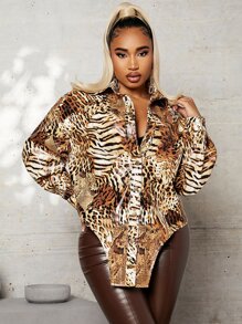 SHEIN SXY Leopard And Tiger Skin Print Asymmetrical Hem PU Leather Shirt - Multicolor - View 4