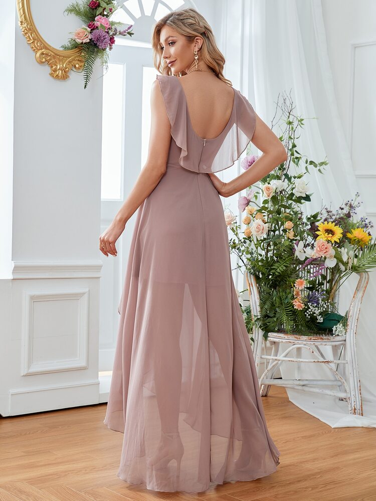 Asymmetrical Ruched Chiffon Elegant Bridesmaid Dress - Dusty Pink - View 2