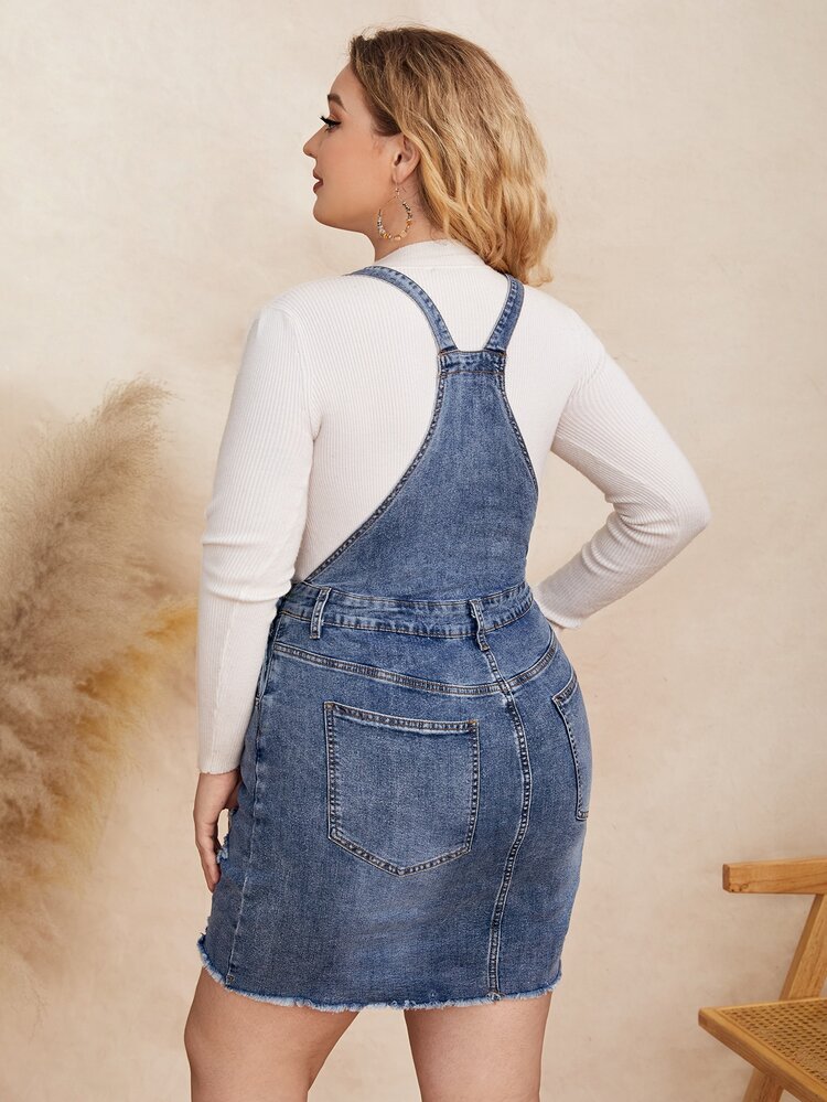 Vestido mezclilla overol roto ribete sin dobladillo sin top - Azul lavado oscuro - Añade 2
