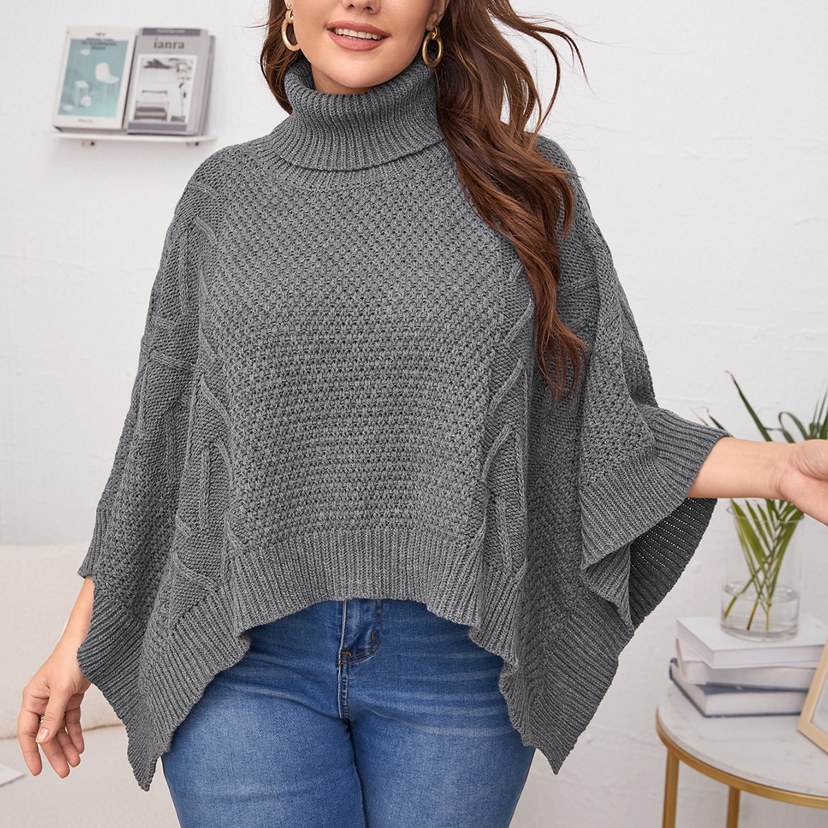 размера плюс Пончо с высоким воротником вязаный