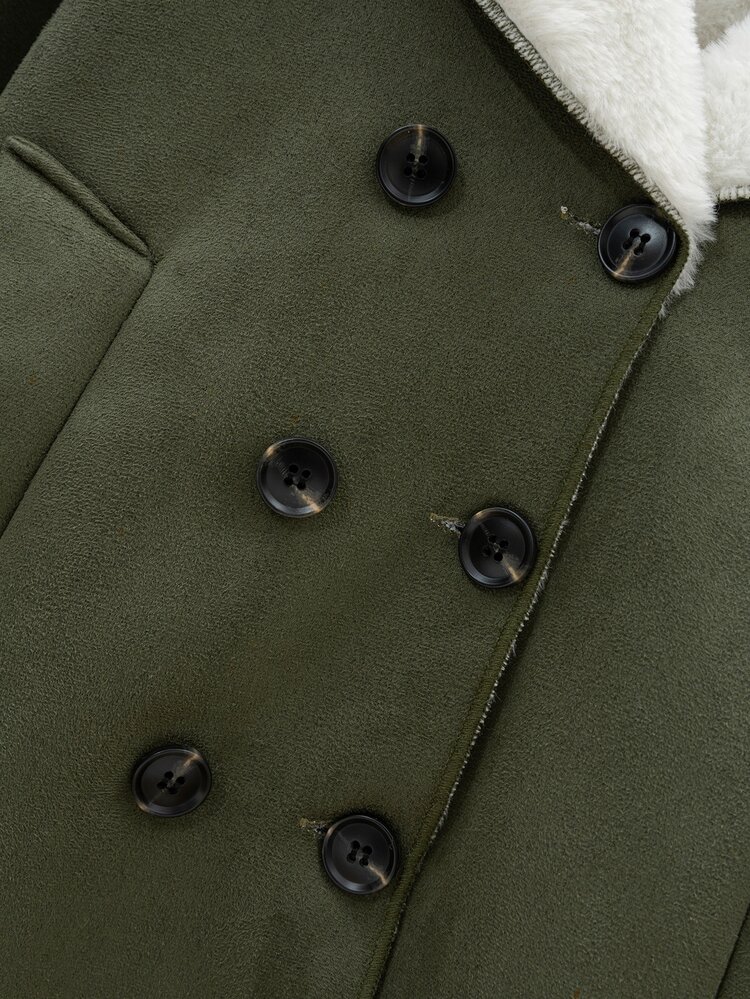 Toddler Boys Double Breasted Teddy Lined Coat - Army Green - View 7
