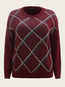 SHEIN LUNE Plus Plaid Pattern Drop Shoulder Sweater - Burgundy - View 1