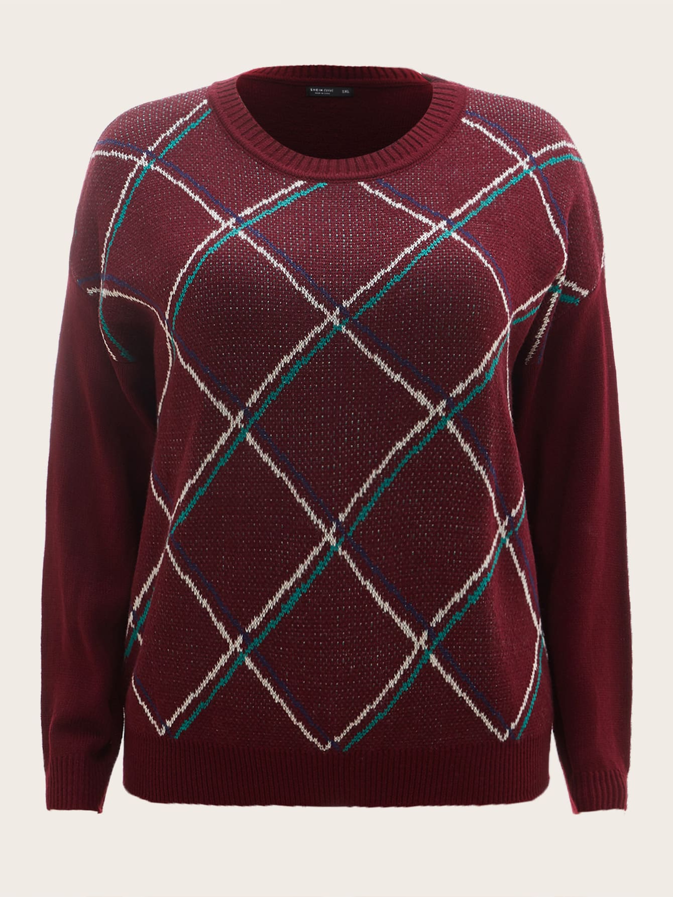 SHEIN LUNE Plus Plaid Pattern Drop Shoulder Sweater - Burgundy - View 1