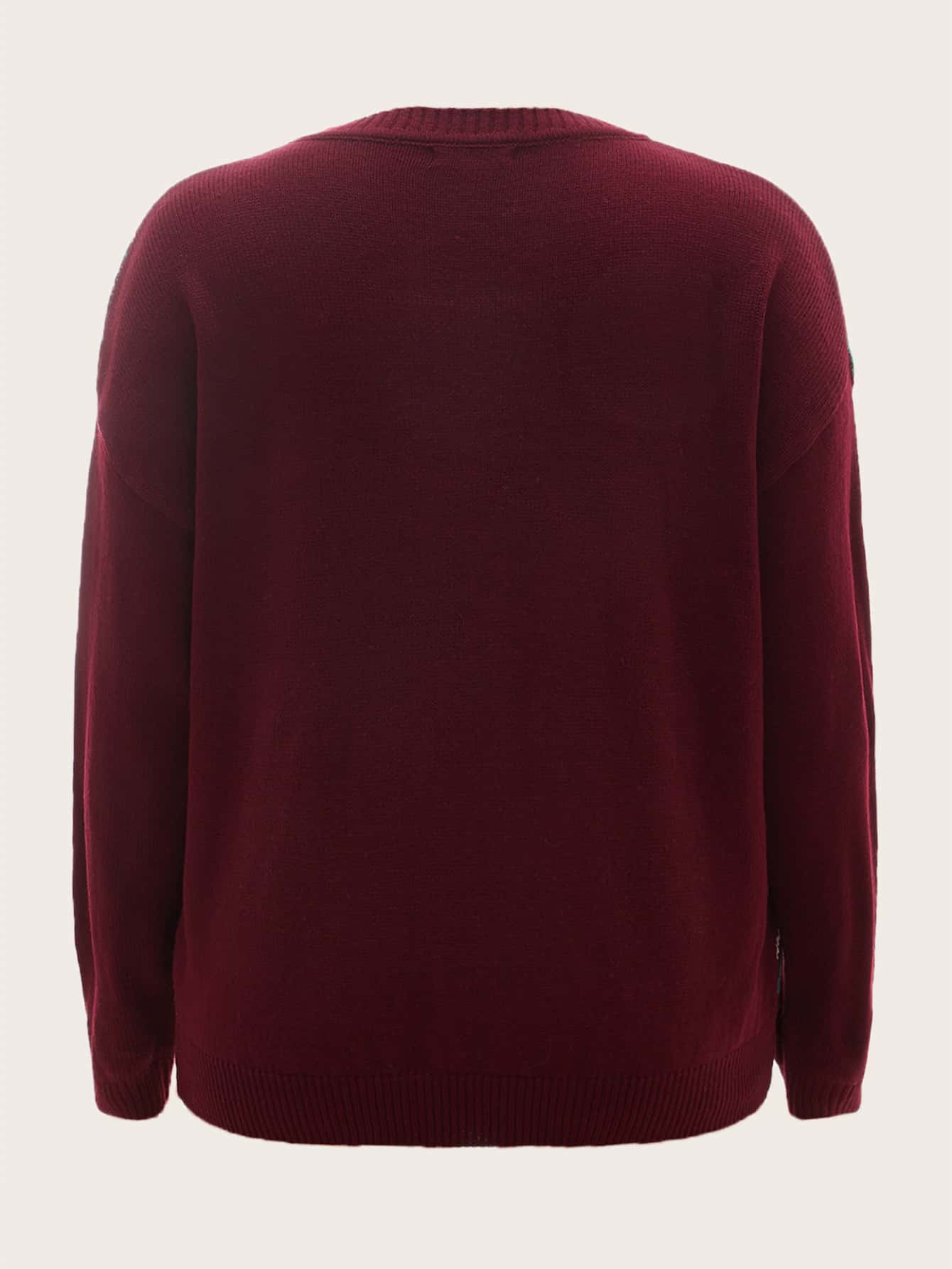 SHEIN LUNE Plus Plaid Pattern Drop Shoulder Sweater - Burgundy - View 2