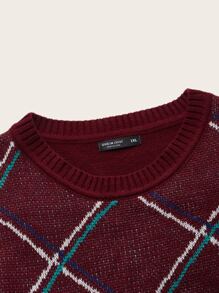 SHEIN LUNE Plus Plaid Pattern Drop Shoulder Sweater - Burgundy - View 4