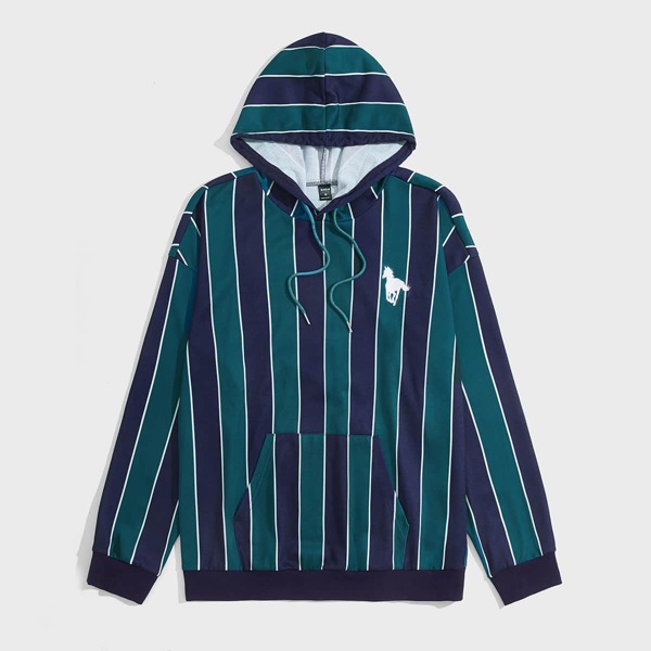 

Men Horse and Striped Colorblock Drawstring Hoodie, Multicolor