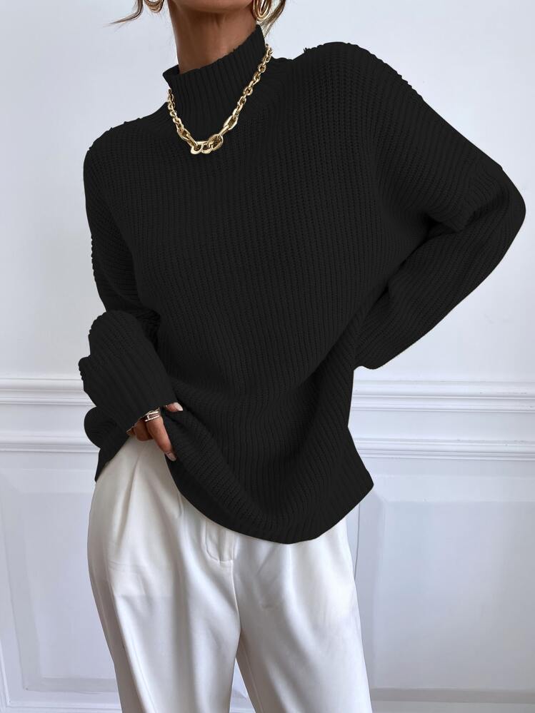 SHEIN Unity Jersey de cuello alzado de manga murciélago - Negro - Ver 1