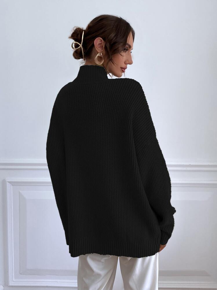 SHEIN Unity Jersey de cuello alzado de manga murciélago - Negro - Ver 2