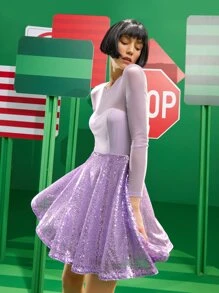 Attilio De Angelis Mesh Insert Zip Back Contrast Sequins Flare Hem Dress - Dusty Purple - View 1