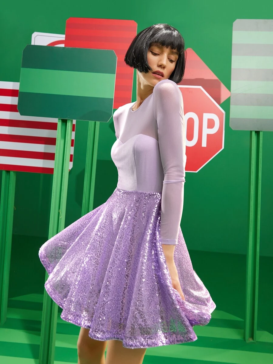 Attilio De Angelis Mesh Insert Zip Back Contrast Sequins Flare Hem Dress - Dusty Purple - View 1