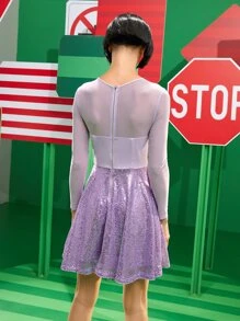 Attilio De Angelis Mesh Insert Zip Back Contrast Sequins Flare Hem Dress - Dusty Purple - View 2