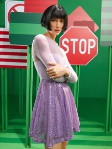 Attilio De Angelis Mesh Insert Zip Back Contrast Sequins Flare Hem Dress - Dusty Purple - View 3