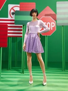 Attilio De Angelis Mesh Insert Zip Back Contrast Sequins Flare Hem Dress - Dusty Purple - View 4