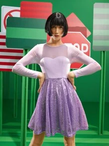 Attilio De Angelis Mesh Insert Zip Back Contrast Sequins Flare Hem Dress - Dusty Purple - View 5